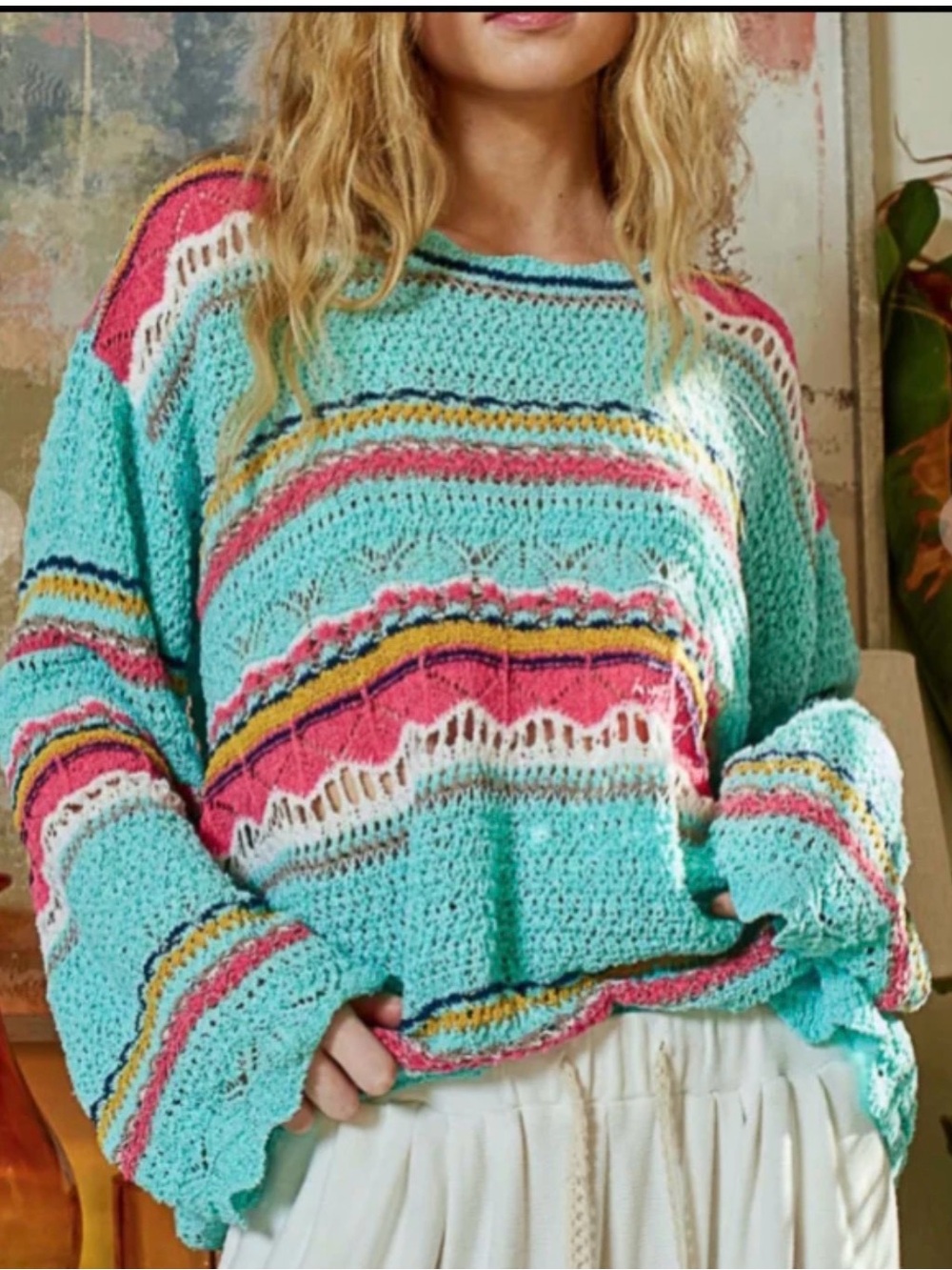 POL Light Aqua Open-Knit Sweater with Pink, Yellow & White Stripes